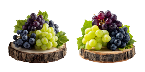 Three bunches of grapes, red, green, and black, rest on rustic wood slices, isolated on transparent background
