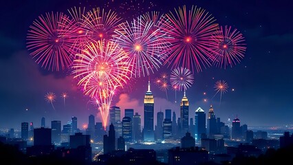 Fototapeta premium Illustration of Colorful Fireworks Exploding Over a Stylized American City Skyline at Night, Celebration Theme