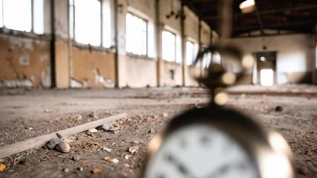 Vintage pocket watch hanging by chain, resting indoors on crumbling concrete floor with abandoned building as a blurred backdrop.