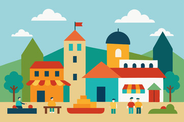Vector cartoon illustration of a castle on a mountain with a village, trees, and sky