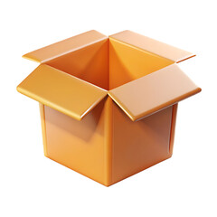 A rendered image of an open orange cardboard box isolated on a black plain background in studio light