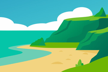 Mountain and sea landscape vector illustration with green hills, summer sky, and clouds
