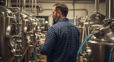 Obraz premium Bearded man holding beer mug: Back view of bearded brewer in checkered shirt holding mug at waist level