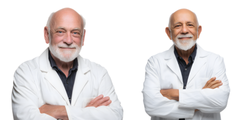 Two senior doctors, isolated on transparent background, stand with arms crossed, displaying calm and confident expressions