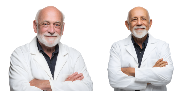 Two senior doctors, isolated on transparent background, stand with arms crossed, displaying calm and confident expressions - Powered by Adobe