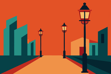 Evening Moscow city street with urban architecture silhouettes against a sunset sky