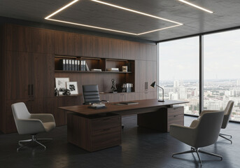 Modern Executive Office with Dark Wood Built-in Furniture and City View.