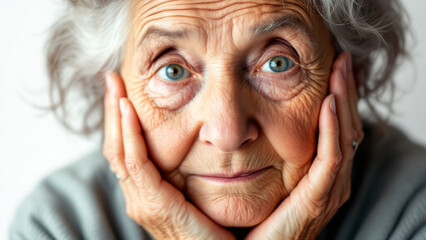Shocked elderly European woman expressing surprise on white background, realistic portrait