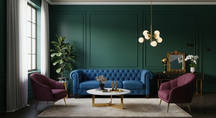 Luxurious Living Room with Emerald Green Wall – Perfect for Frame Mockups.