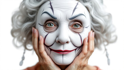 Shocked elderly European woman expressing surprise on white background, realistic portrait
