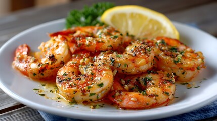 Garlic Butter Shrimp with Lemon and Herbs on a White Plate