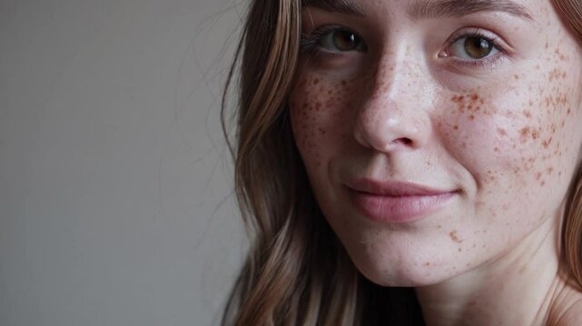 Natural beauty shines through as a young caucasian woman with ephelides smiles serenely, showcasing her unique facial features and embracing individuality