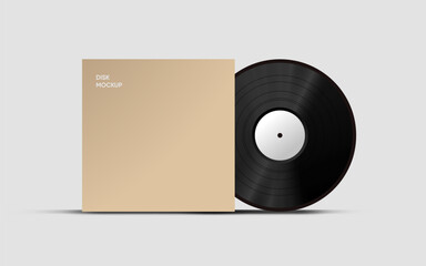 Vinyl disk mockup on white background. Retro old plate record and case mockup 