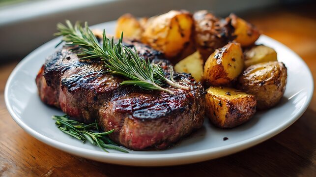Grilled Steak with Rosemary and Roasted Potatoes on a White Plate