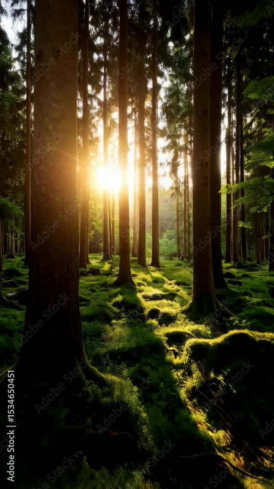 Poster sunlight streams through a forest of tall trees, illuminating the mossy forest floor with bright gol