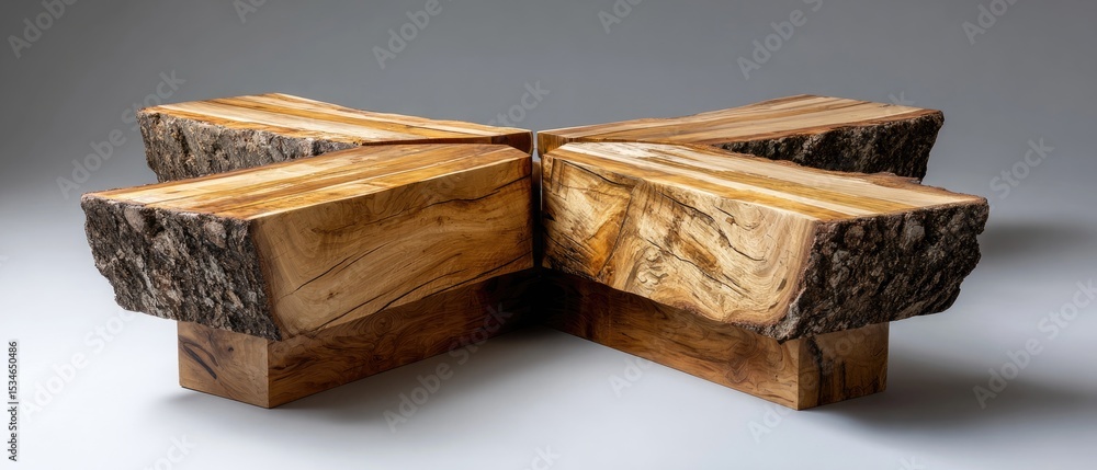 Poster tree seats handmade concept. abstract wooden coffee table with unique geometric design and contrasti