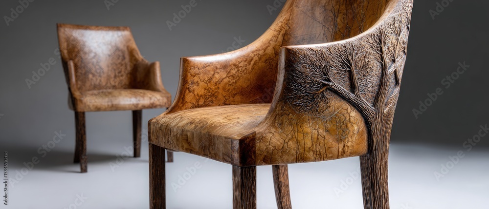 Poster tree seats handmade concept. stylish wooden chairs with unique textured patterns against a grey back