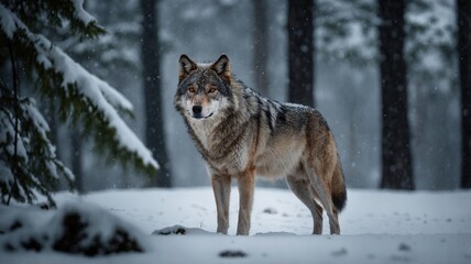 Lone Wolf in Snowy Forest