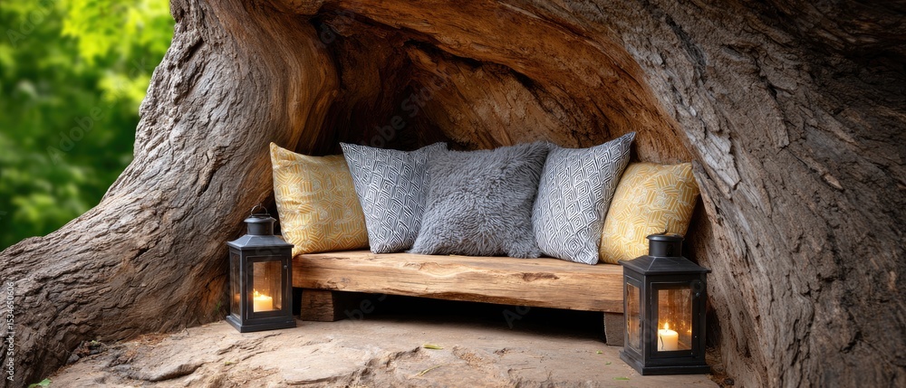Poster tree seats handmade concept. cozy nook with a wooden bench and lanterns nestled in a tree.