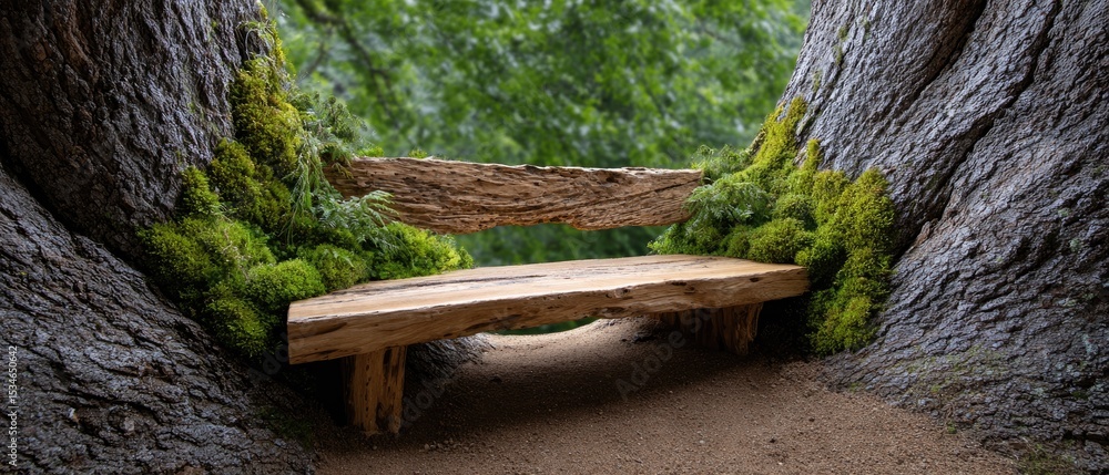 Poster tree seats handmade concept. a rustic wooden bench nestled between two trees in a serene natural set
