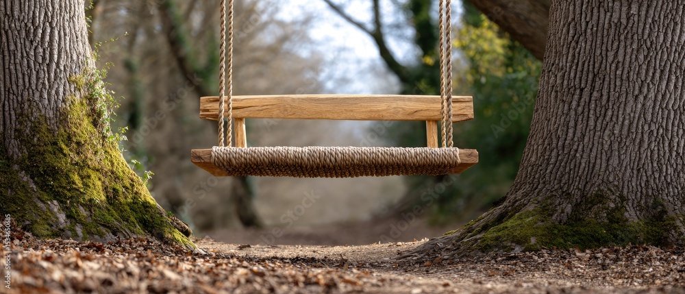 Poster tree seats handmade concept. a rustic swing hanging between two trees in a tranquil forest setting.