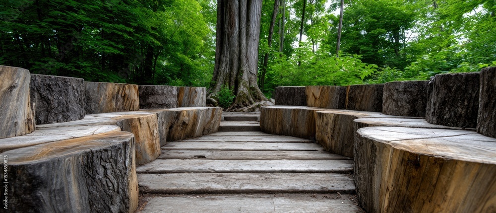 Poster tree seats handmade concept. wooden seating arranged in a circular pattern amid lush greenery in a t