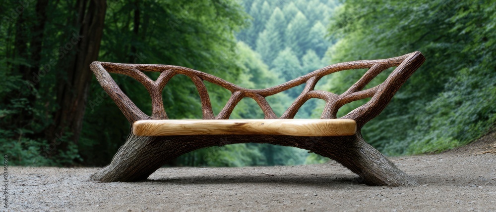 Poster tree seats handmade concept. a unique bench made of branches in a lush green forest setting.