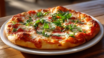 Freshly Baked Pizza with Melted Cheese and Herbs on a Wooden Table