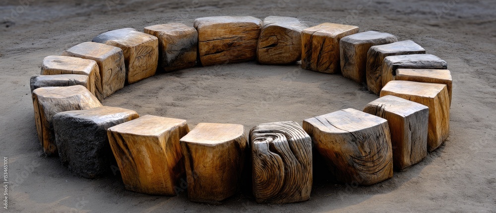 Poster tree seats handmade concept. a circular arrangement of wooden logs on a dirt surface, creating a rus