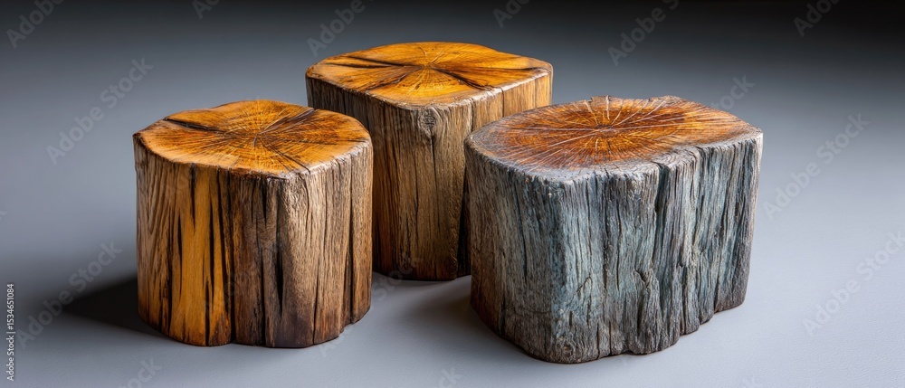 Poster tree seats handmade concept. wooden tree stumps with textured surfaces arranged on a smooth backgrou