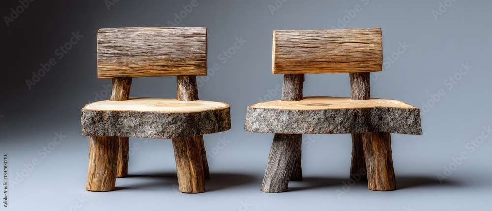 Poster tree seats handmade concept. two rustic wooden chairs with a unique log design.