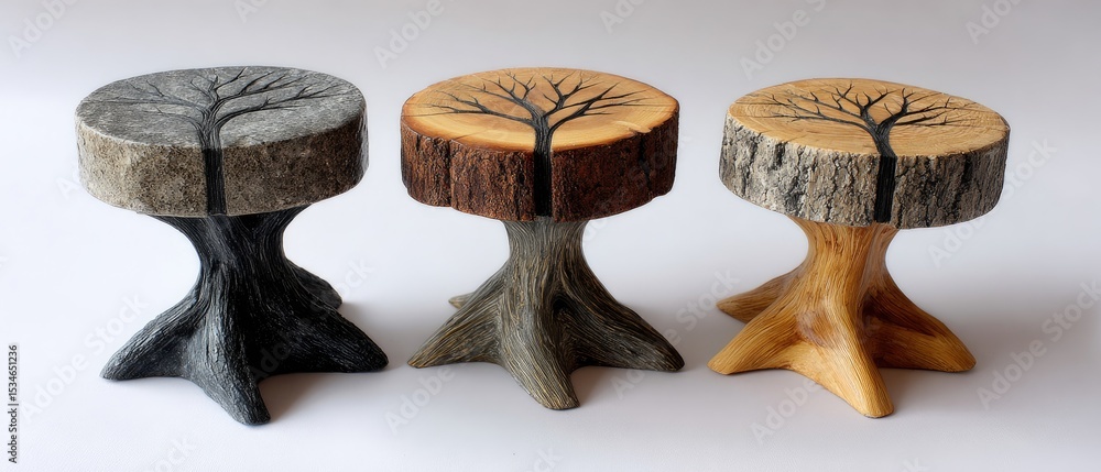 Poster tree seats handmade concept. unique wooden stools with tree trunk designs in three variations of col