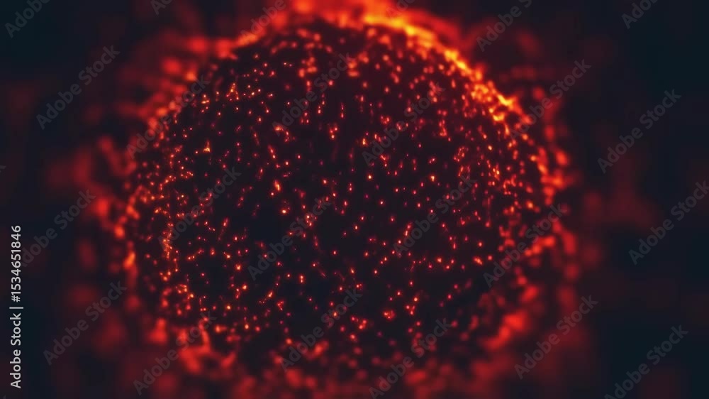 Poster abstract glowing sphere consisting of tiny red particles floating in space. digital representation o