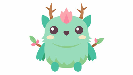 Fototapeta premium Cute Pastel Green Monster with Flower Eyes and Twig Antlers on White Background creature