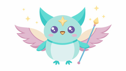 Fototapeta premium Cute Pastel Teal Owl Fairy with Star Tipped Wings Holding a Magic Wand on White Background blue