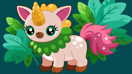 Fototapeta premium Adorable Chibi Bear Unicorn Hybrid with Pink Tail and Green Collar on Teal Background vector