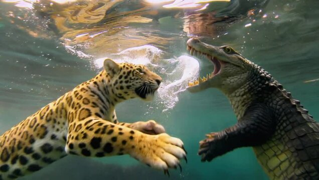 A jaguar and an alligator clash underwater, jaws locked together in a tense struggle. Bubbles rise as both predators push and thrash, muscles tensed, claws and teeth exposed