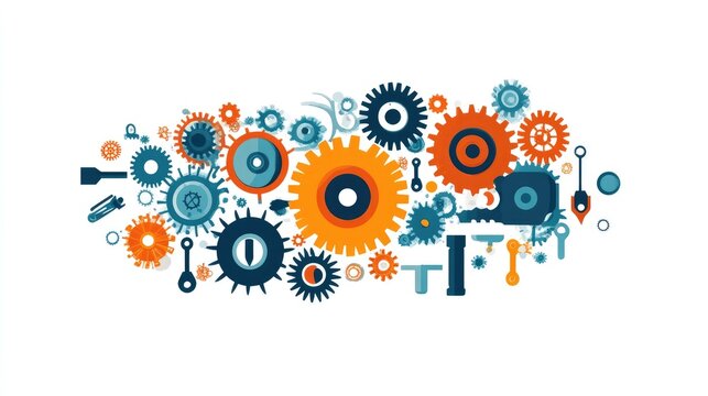 Mechanical concept clip art featuring gear interlocking with tools in flat design