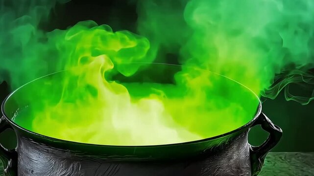 Witch's Cauldron Bubbling with a Green Smoking Magic Potion. Halloween, fantasy, and sorcery concept with a mysterious feel
