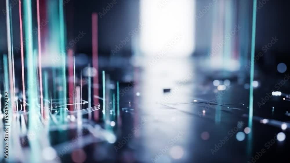 Poster abstract digital landscape with glowing vertical lines and soft bokeh lights, creating a futuristic,