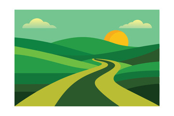 Fototapeta premium Serene Sunset Landscape Winding Road Through Verdant Hills