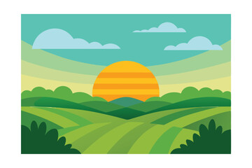 Obraz premium Serene Sunset Over Rolling Green Hills A Peaceful Landscape Illustration