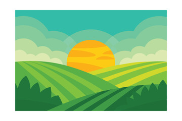 Obraz premium Serene Sunrise over Rolling Green Hills A Peaceful Landscape Illustration