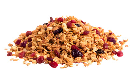Delicious granola with cranberries isolated on black background, perfect for a healthy breakfast