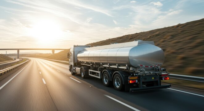 Fototapeta Transporting fuel a tanker truck on the open highway at sunset captured in a scenic landscape