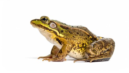 Naklejka premium Frog in Profile: A striking profile of a frog, with detailed textures and colors. The frog's poised stance against a neutral background showcases its unique anatomy and natural beauty. 