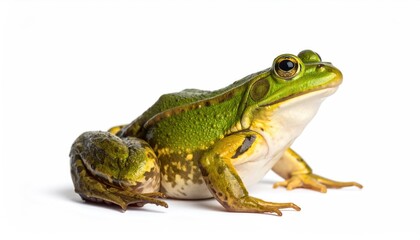 Frog's contemplation: A vibrant green frog, brimming with life, perches serenely, showcasing its natural beauty. Capture the vivid details, presenting this amphibian in stunning detail.