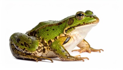 Fototapeta premium Vibrant Frog Portrait: A lively and bright frog is shown in striking detail, highlighting its rich coloration and intricate skin texture.