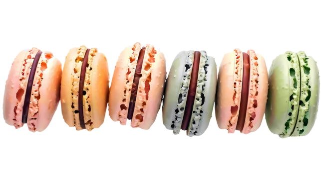 Delicate row of assorted french macarons isolated against black background