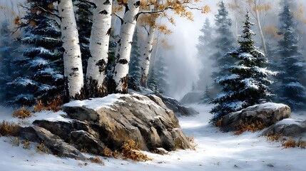 A dense winter forest with white birch trees, mist hanging low between trunks, and snow covering the forest floor